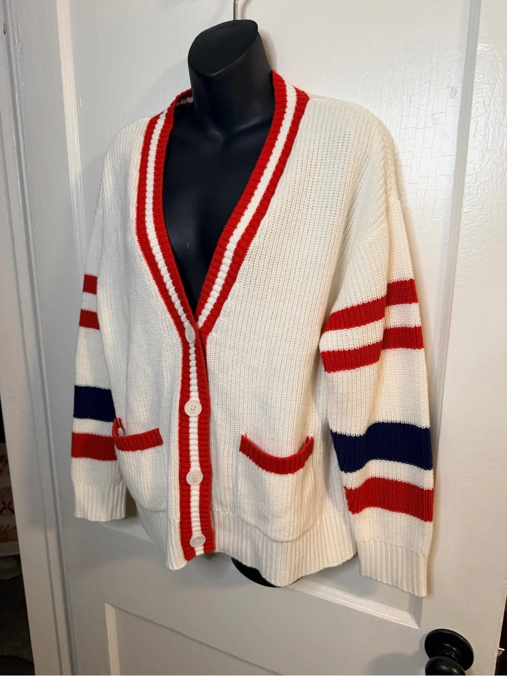 Saks Fifth Avenue Cream Cardigan Sweater with Red & Navy Stripes